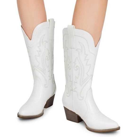 Brand New  Women's White  Leather Chunky Heel Embroidery Stitched Western Boots - Picture 6 of 7